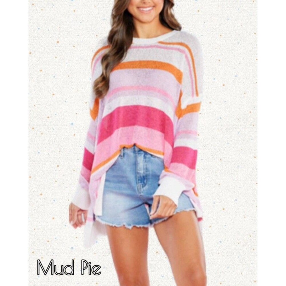 NEW! Mud Pie Montana Rainbow Striped Ribbon Knit Sweater Balloon Sleeves NWT OS